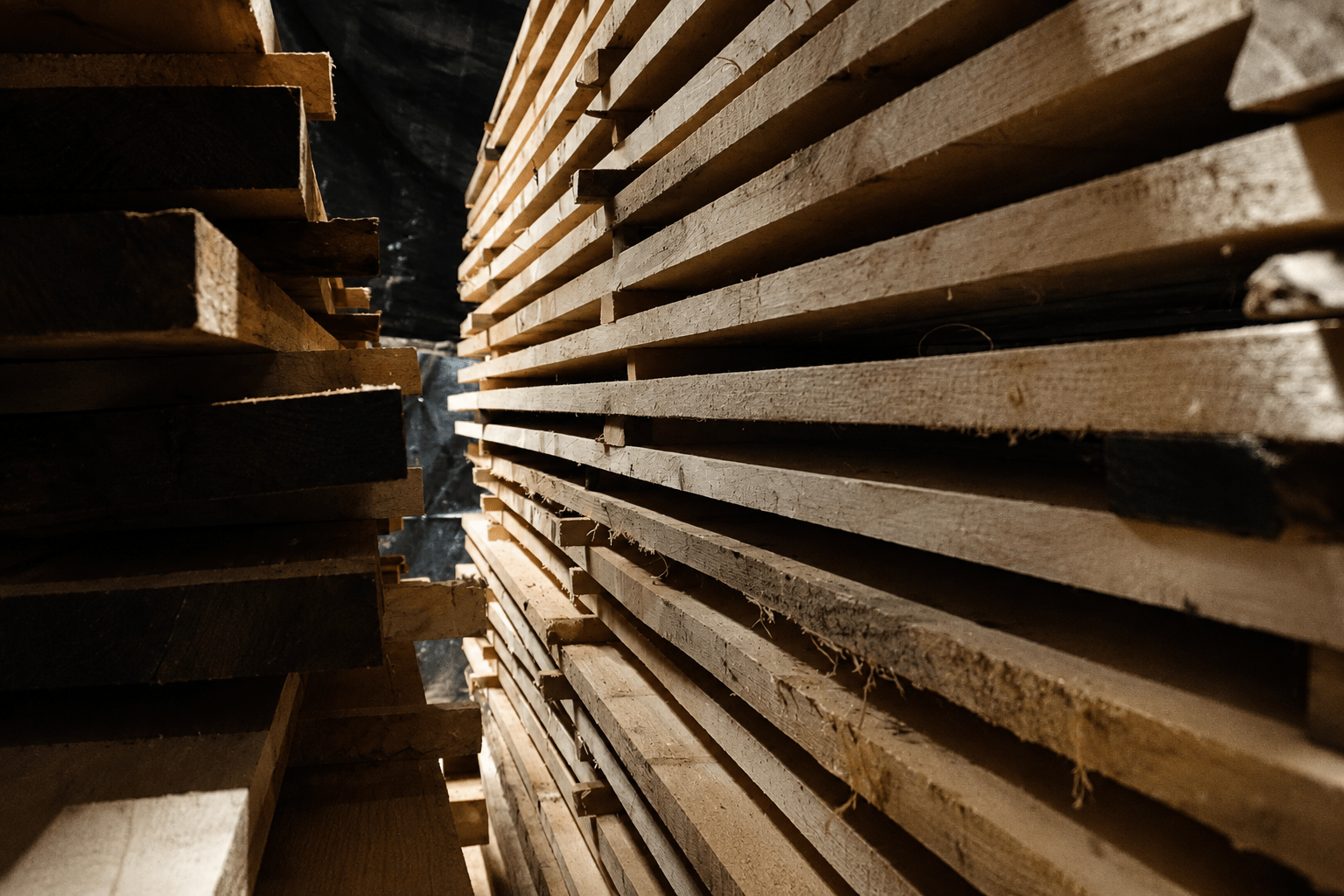 Stacks of locally milled lumber at The North River near Havelock, Ontario